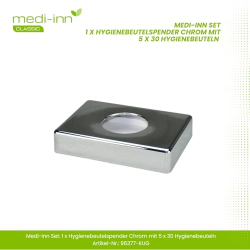 Medi-Inn Hygienebeutelspender | mit Hygienebeuteln | 1 x Spender chrom + 5 x 30 Hygienebeutel | für eine einfache Entsorgung von Damenbinden, Slipeinlagen und Tampons