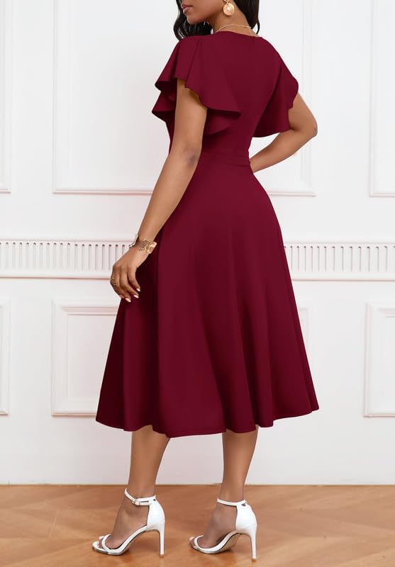 Women's Cocktail Midi Dress Elegant V Neck Ruffle Short Sleeve Wrap Wedding Guest Semi Formal A Line Dress - Image 2