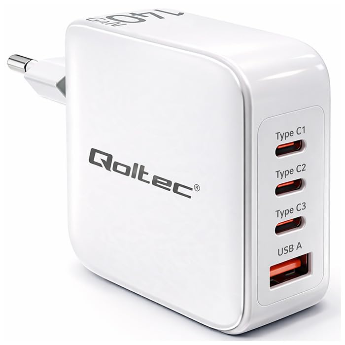 Qoltec Ładowarka sieciowa 140W GaN | 5-20V | 2.5-5A | 3 x USB-C PD | 1 x USB QC 3.0 | Laptop | Smartfon | Biała