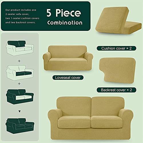 Stretch Loveseat Cover 5 Piece Couch Cover,2-Seater Settee Sofa Slipcover With 2 Individual Backrest And Cushion Coat,Small Checks Spandex Fabric(Color:beige,Size:2 Seat(5 Pices)) #TOP5