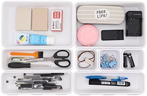8 Pack Desk Drawer Organisers, Interlocking Drawer Dividers with 3 Sizes, Versatile Storage Boxes Drawers Organizer for Kitchen, Office, Makeup, Bathroom (White)