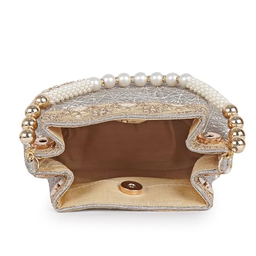 Image of Nevis PU Silk Fabric Women's Embellished Potli Bag with Pearl Handle & Fringe Detailing | Designe Wedding & Festive Handbag