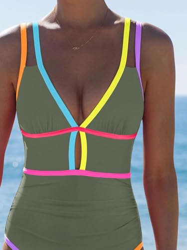 Image of popvil Women One Piece Swimsuit 2026 Tummy Control Sexy Cutout Neon Color Block Bathing Suit Slimming Adjustable Swimwear
