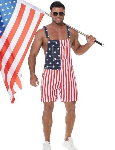 Yuanbang American Flag Overalls Bib Denim Shorts Jean Romper Casual Workout Summer Adjustable Strap Jumpsuit for Men Women(red white blue,M)