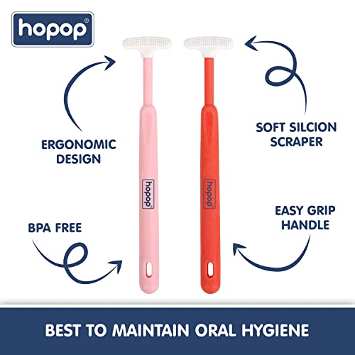 Image of Hopop Tongue Cleaner for Baby | Tender Baby Oral Cleaner Toothbrush with Silicone Scraper | Suitable from 6+ Months | 100% Safe Kids Tongue Cleaner | Pack of 2 | Pink & Red
