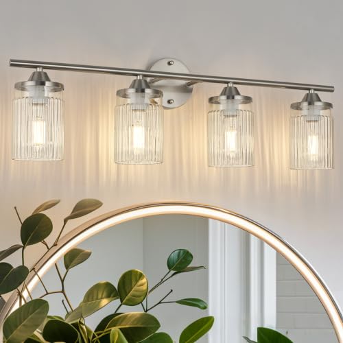 Image of Jonsi Nickel Bathroom Light Fixtures 4-Light Vanity Lights Modern Wall Sconce with Clear Glass Shade Brushed Nickel Bathroom Light Fixture Over Mirror for Bedroom Hallway Kitchen