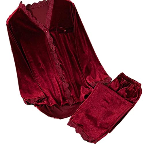HUJINGLS Velvet Pajamas Women Autumn Winter Sleepwear Long Sleeve Casual Nightwear Pyjamas Suit Loose Home Clothes Lace Trim Sleep Set, L