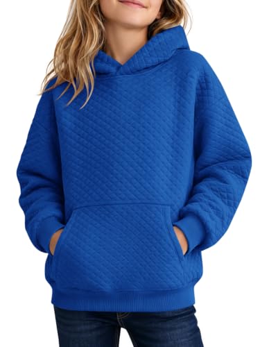 Haloumoning Girls Quilted Hoodies Sweatshirts Kids Oversized Pullover 5-14 Years, Royal Blue, 9-10 years