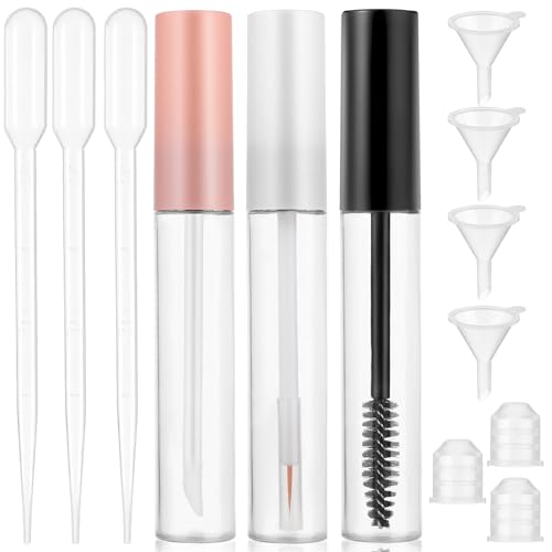 12 Stück Leere Mascara Flasche Set 10ml, Wimpernbürste mit Behälter Nachfüllbarer Wimpern Creme Flasche Lipglossröhrchen Eyelinerröhrchen mit Umfülltrichter für Reisen Beauty Shops(Mehrfarbig)