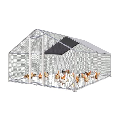 Image of Aoxun Metal Chicken Coop, Outdoor Chicken Runs for Yard with Cover, Spire Roof Hen House Enclosure with Security Lock, Walk-in Cage Peak Hen House for Yard Farm (10x13x6.4 FT)