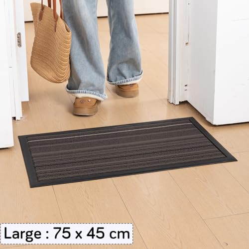 Image of HOKIPO Large Entrance Door Mats for Home Anti-Slip Dirt Trapper Doormat, 75x45 cm, Grey Lines (AR-6502)
