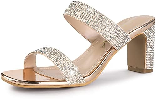 Allegra K Women's Rhinestone Chunky Heel Rose Gold Slide Heel Sandals 7 M US