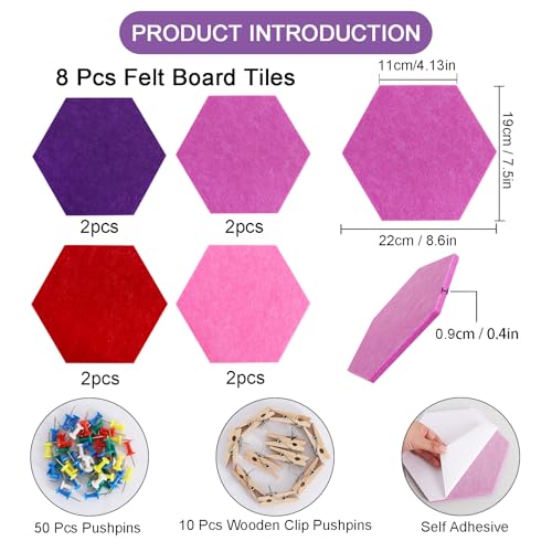 Tableau d'affichage en feutre hexagonaux modulables violet foncé avec épingles - 2