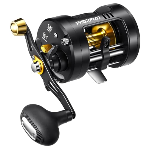 Piscifun Chaos Pro Baitcasting Fishing Reel, CNC Machined Aluminum Body Round Catfish Reel with 25LB Max Drag, Trolling Reel with Level Wind & Magnetic Braking for Lake & Saltwater, Gold, Right Hand