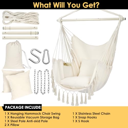 Y- STOP Hammock Chair Hanging Rope Swing, Max 500 Lbs, 2 Cushions Included, Large Macrame Hanging Chair with Pocket for Superior Comfort, with Hardware Kit (Beige) by Y- STOP - Image 7