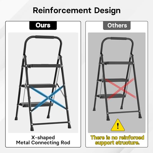 image for BONTEC 3-Step Ladder, Folding Step Stool, 600lbs Max Load Capacity, St