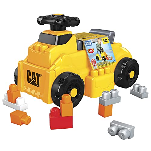 Mega Bloks Coffret Jeu Porteur Et Construction Cat® Avec 1 Volant Tournant Et 4 Surfaces De Construction, 10 Gros Blocs Inclus, Rangement Facile, Jouet...
