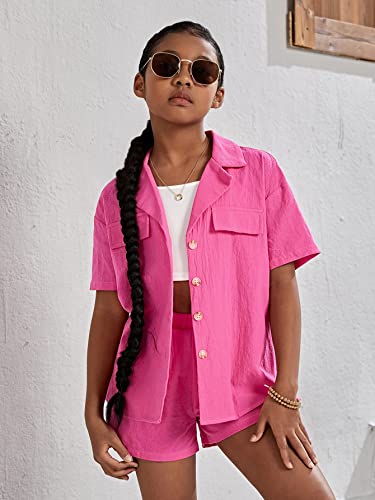 Image of WDIRARA Girl's 3 Pieces Outfit Short Sleeve Button Front Shirt with Camisole and Shorts Set