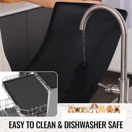 MateeyLife Dog & Cat Food Mat for Floors Waterproof, Nonslip Dog Bowl Mats for Food and Water, Dog Feeding Mats with Raised Edges, Silicone Cat & Dog Water Matt Tray for Messy Drinkers, 18\"x12\", Black