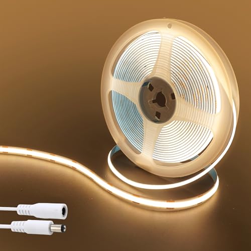 Image of 12VCOB LED Strip Lights with 5521DC Male and Female Connectors,8mm Width,16.4FT /5M,480LEDs /M,Warm White 3000K Bright Lights,Not Waterproof IP20,for DIY Home Indoor Decoration