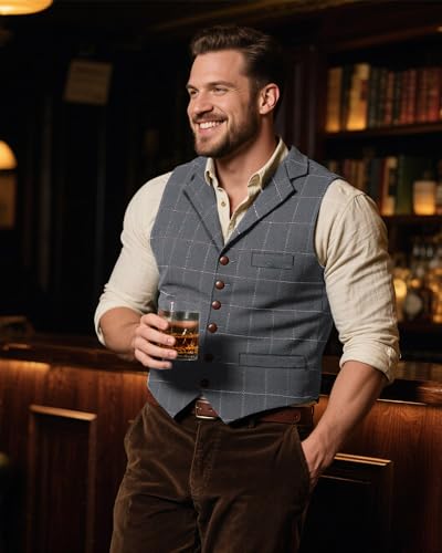 Men's Wool Tweed Vest Big and Tall Herringbone Plaid Waistcoat3