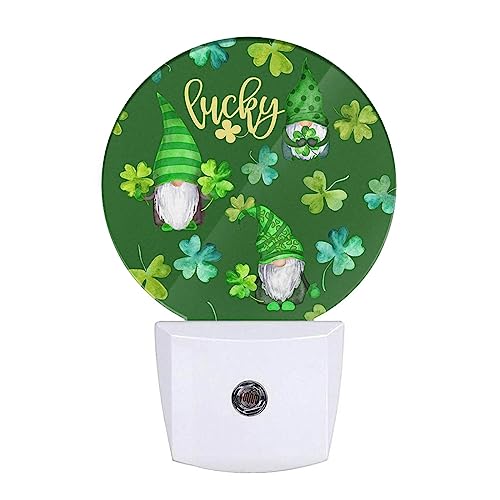Image of St Patrick Day Cute Gnomes Night Light Lucky Four Leaf Clover Green Night Lights Plug into Wall with Light Sensors Auto on /Off for Holiday Gifts for Boys Girls Women Teen