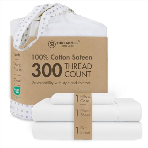 Image of Threadmill 300 Thread Count Cotton Twin XL Sheet Set, Sateen, Solid, White | 100% Cotton, Sateen Weave, 3-Piece Set, 16 inch Deep Pocket, Cooling, Breathable, OEKO-TEX Certified, Machine Washable