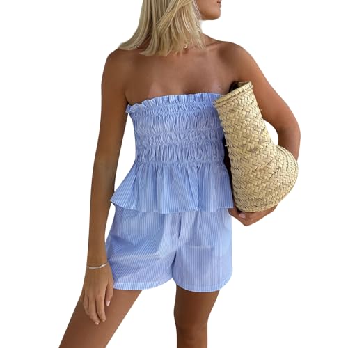 Yuemengxuan Women Shirred Top Shorts Summer Outfits Set 2 Piece Striped Pajamas Set Sleeveless Ruched Bandeau Tube Top Shorts