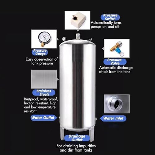 Large Well Pressure Tank,16 26 42 53 66 79 Gallon Pressurized Tank,Vertical Stainless Steel Automatic Well Water Supply System,Pressurized Water Tank, For Kitchen/Shower/Toilet(300L/79.3Gal(155x50cm))
