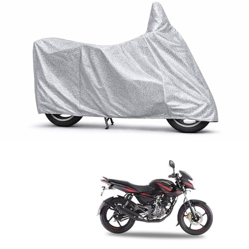 Image of 100% Waterproof Two Wheeler Body Cover Multi Layered Fabric Designed for Bajaj Pulsar 135 | Belt Buckle Lock | Silver Mag