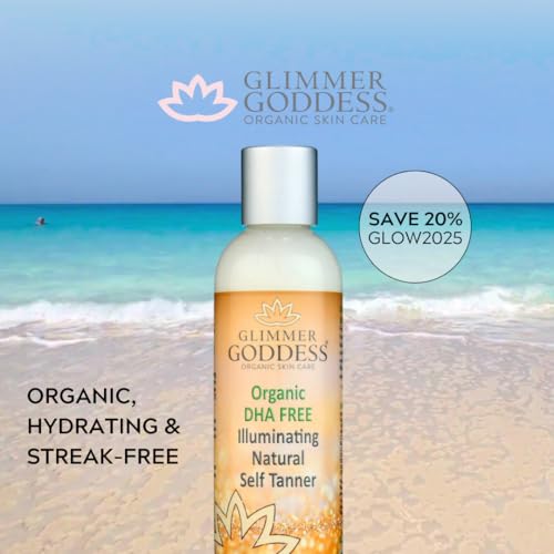 Image of Glimmer Goddess Organic DHA-Free Natural Self Tanner (DARK), Sunless Tanning Lotion, Streak-Free, Sensitive Skin, Non-Toxic, Cruelty-Free, 3-5 Day Development, Unscented 8 oz.