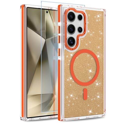 Image of Magnetic Case for Samsung Galaxy S24 Ultra [Compatible with Magsafe] [Bling Glitter Fluorescent Design] [1 Screen Protector] Slim Translucent Matte Case for Galaxy S24 Ultra 6.8 inch, Orange