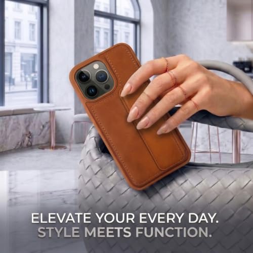 Image of amazon basics Luxury Vegan Leather Back Cover for iPhone 14 Pro | Built-in Card Holder Slot | Integrated Mobile Stand | Slim Shockproof Protective Case with Stitched Finish - Tan