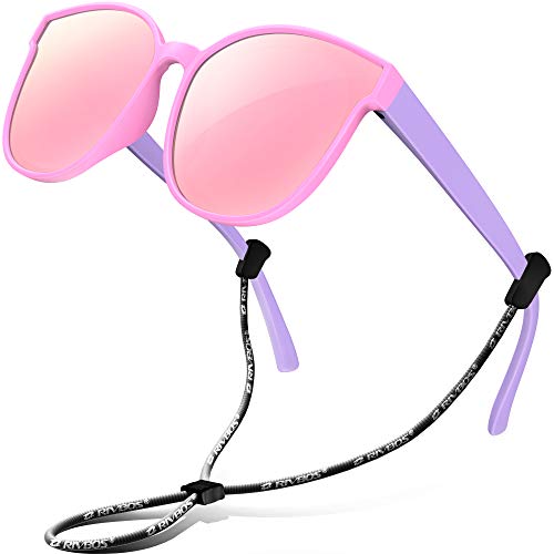 RIVBOS kids Sunglasses Girls with Strap Polarized UV Protection Flexible Shades for Baby and Children Age 2-10 RBK002-3 Pink Mirror Lens