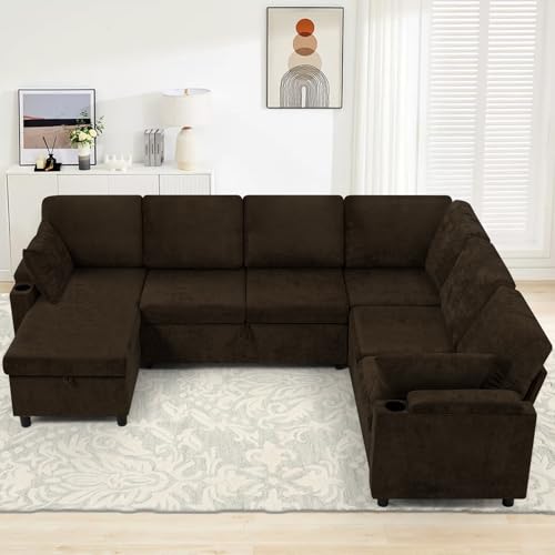 Image of 110 inch Chenille Sectional Sofa w /Pull Out Bed & Storage Chaise, Brown | Reversible U Shape Sofa w /Storage Armrests & Cup Holders, Corner Couch w /USB Charging Port & Throw Pillows for Living Room