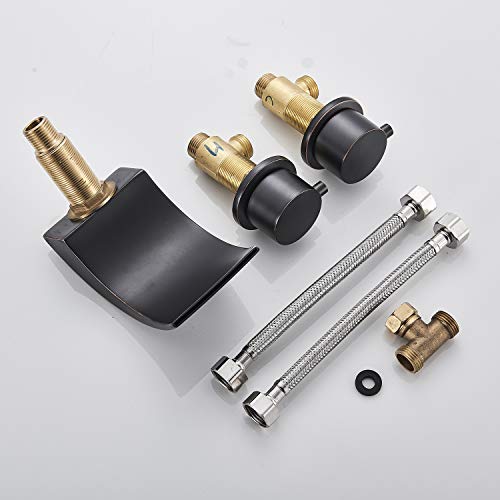 Senlesen Deck Mount Double Handles 3 Holes Waterfall LED Light Widespread Bathroom Sink Faucet Oil Rubbed Bronze