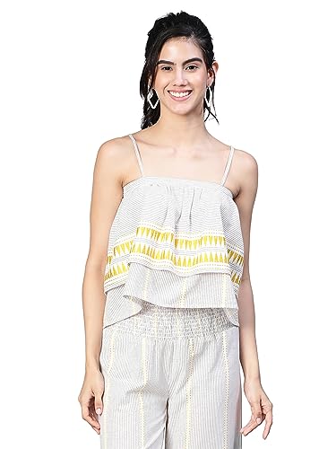 Image of oxolloxo Women Embroiderd Shoulder Strap Elasticated Cotton Top