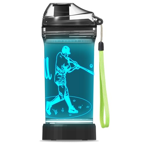 YuanDian Baseball Gifts, Light Up Kids Water Bottle with 3D Baseball Design- 14 OZ Tritan BPA Free - Cool Sports Cups Gift for School Kids Boy Girl Child Christmas Holiday