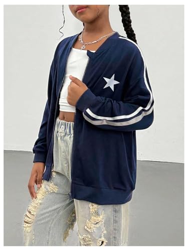 Girl's Y2K Full Zip Up Jacket Star Striped Long Sleeve Preppy Coat Outerwear3