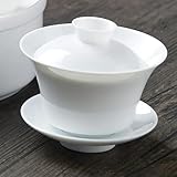 CIVIOOH Tazas de té Gaiwan de Porcelana Blanca Dibujadas a Mano, Tazas de té con Tapa, tazón de Chawanmushi de Ciudad de Porcelana China