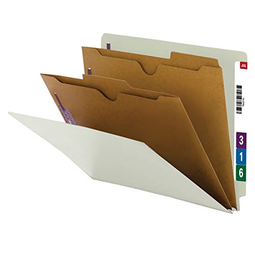 Smead 100% Recycled End Tab Classification File Folder with SafeSHIELD Fasteners, 2 Pocket-Style Dividers, 2″ Expansion, Letter Size, Gray/Green, 10 per Box (26710)