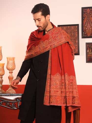 Image of Pashmoda Men Arcadia Borders Jamawar Shawl, Stole and Wrap, Sustainable and Natural Fabric, Heritage Kashmiri Pashmina, Medium Size for Gents, (Size 40x80 Inches)