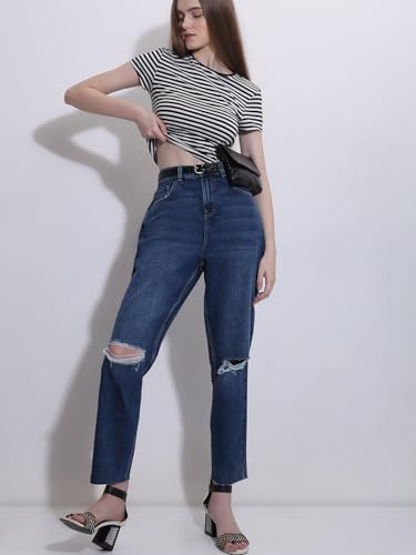 Image of VERO Moda Women's Mom Fit High Rise Distressed Jeans