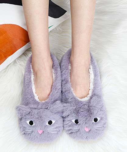 Dicuird Womens Slipper Socks Low Cut Comfy&Warm Animal Non-Skid Bedroom Slippers(Gray Cat,8-10) #TOP6