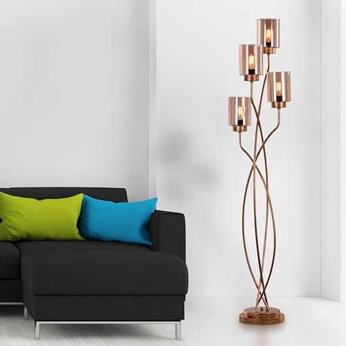 Image of Modern Floor Lamp for Living Room | Gold Standing Lamp with 4 Amber Glass Shades | 3 Color LED Floor Lamp for Bedroom, Corner Lighting & Home Decor