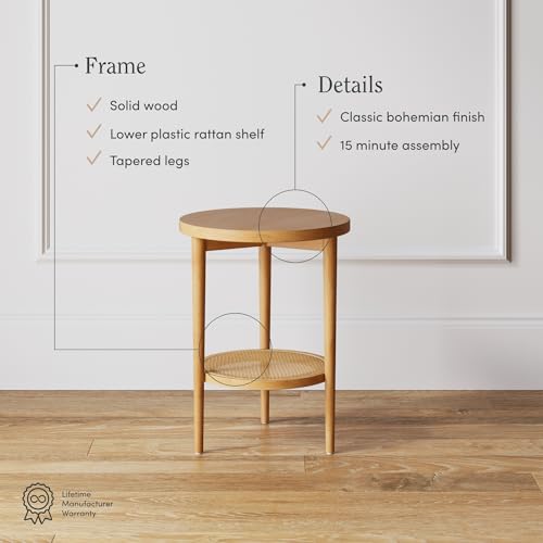 Nathan James Sonia Boho Round Accent End Table, Natural Sofa Side Table in Light Wood with Rattan Storage Shelf for Living Room, Bedroom or Nursery, Light Brown by Nathan James - Image 3