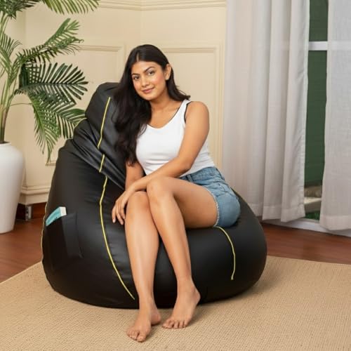 Image of Sattva Classic 2XL Bean Bag Chair with Beans Filled | Sofa Style Faux Leather Sofa Style Beanbags with Filled Beans | Bin Bags & Beam Bag for Adults | Home & Office, Black with Yellow Piping