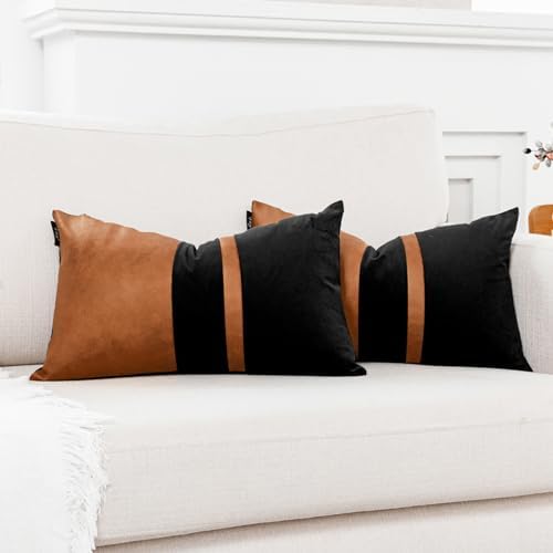 Set of 2 Black and Brown Decorative Throw Pillow Covers 12x20 Inch Faux Leather and Velvet Patchwork Pillow Cover,Modern Farmhouse Accent Pillow Case for Living Room Couch Bed Boho Home Decor