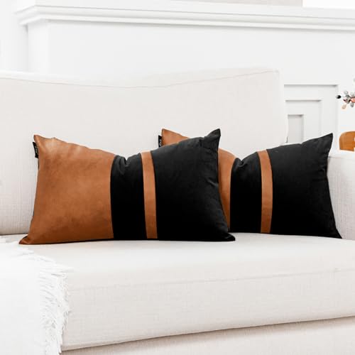 Vfuty Set of 2 Black and Brown Decorative Throw Pillow Covers 12x20 Inch Faux Leather and Velvet Patchwork Pillow Cover,Modern Farmhouse Accent Pillow Case for Living Room Couch Bed Boho Home Decor