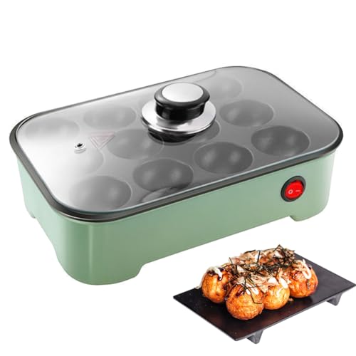 Takoyaki Maker - Sartén eléctrica multifunción para panqueques y bocanadas, 12 agujeros con tapa, ideal para preparar desayunos y aperitivos